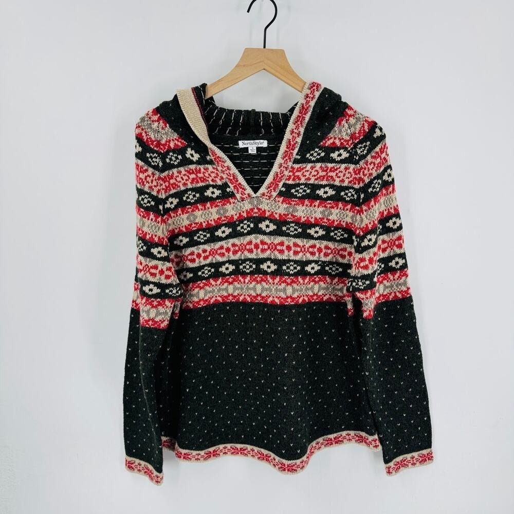 NorthStyle Fair‎ Isle Knit Hoodie Sweater Black Red Tan Size L Nordic Heritage